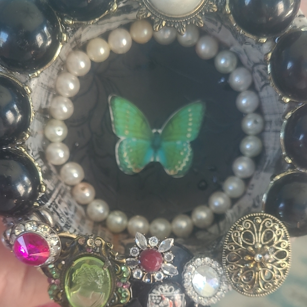 Hand Crafted Black and Green Jeweled Mixed Media Wall Accent - Picture 9 of 12